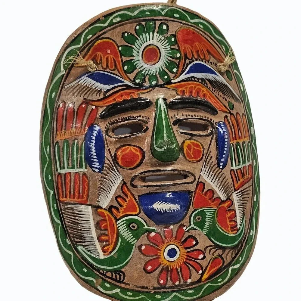 Vtg Mexican Ceramic Hanging Mask Folk Art Hand Made/Painted Native Dancers CHIP